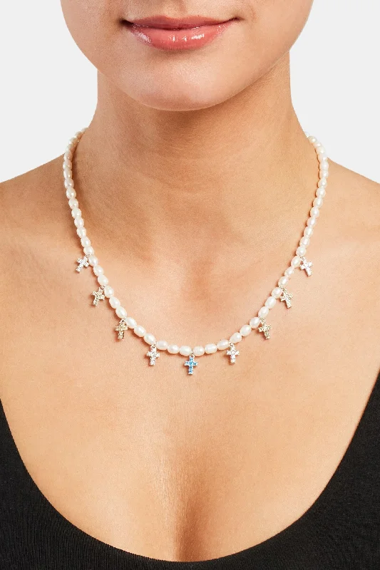 Horn curve necklace-Womens Freshwater Pearl & Multi Colour Ice Cross Necklace - White