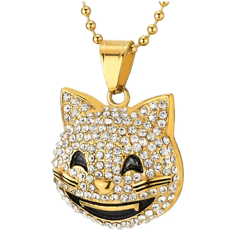 Blended grain necklace-Womens Mens Stainless Steel Gold Color Smiling Grinning Kitty Cat Pendant Necklace with Rhinestones