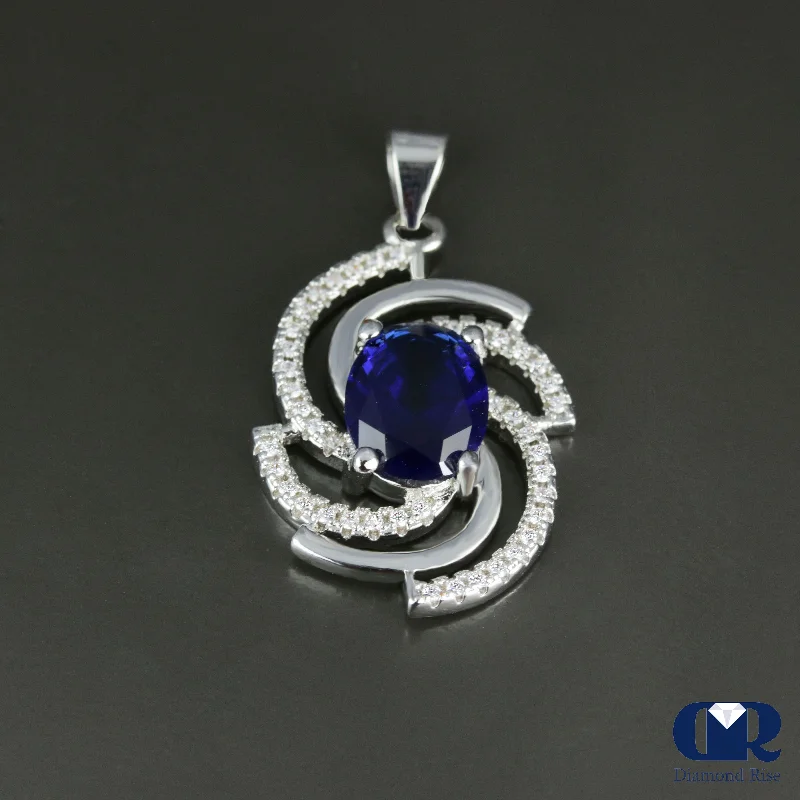 Tidal vortex necklace-Women's Oval Sapphire & Diamond Pendant In 14K Gold