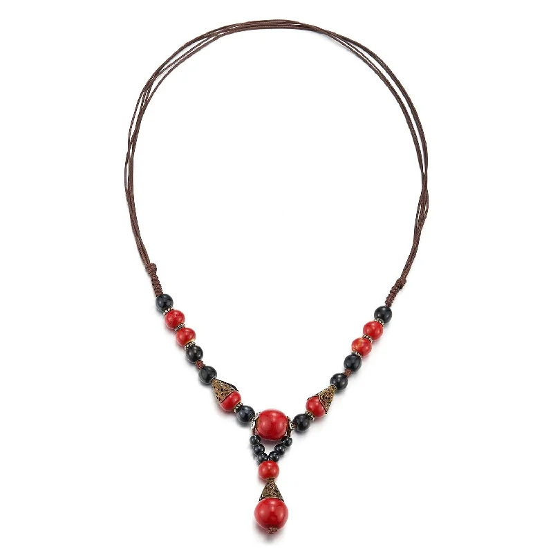 Linen weave necklace-Y-Shape Statement Necklace Black Red Gem Stone Bead Charms Drop Dangle Pendant, Tribal Ethnic Folk