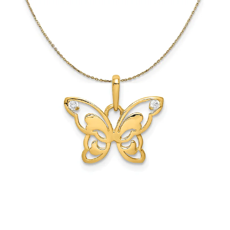 Embossed design necklace-14k Yellow Gold & CZ Polished Butterfly Necklace