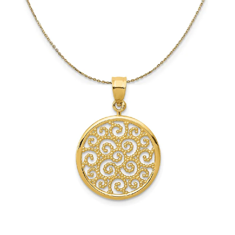 Embossed design necklace-14k Yellow Gold Filigree Scroll Circle Necklace