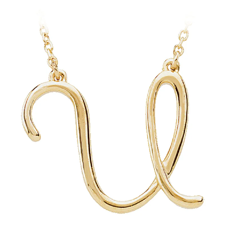 Steel forged necklace-14k Yellow Gold, Olivia Collection, Medium Script Initial U Necklace