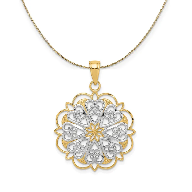 Knotted design necklace-14K Yellow Gold & Rhodium Filigree Hearts Necklace