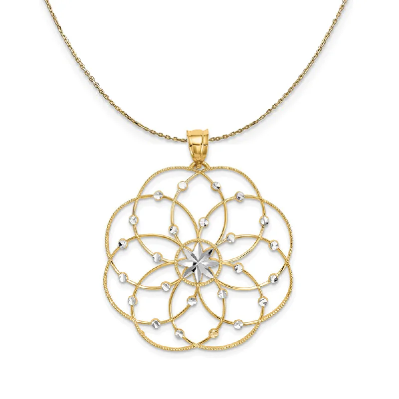 Iris flower necklace-14k Yellow Gold & Rhodium Spiral Circle Necklace