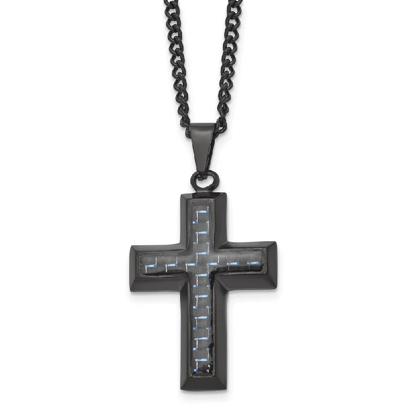 Pleated chain necklace-Black Plated Stainless Steel Blue Carbon Fiber Cross Necklace, 24 Inch