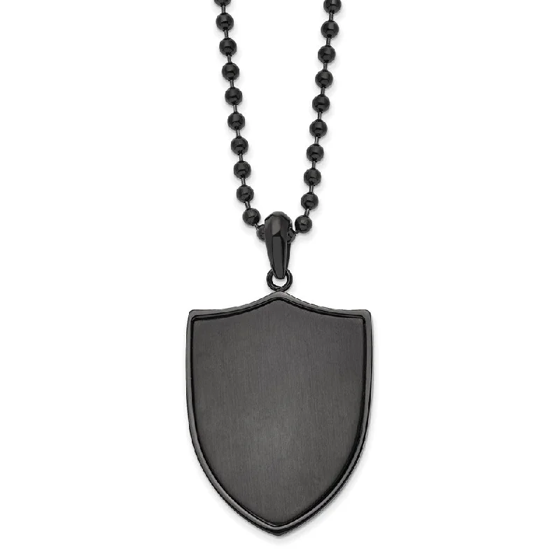 Black Plated Stainless Steel Brushed & Polished Shield Necklace, 22 In