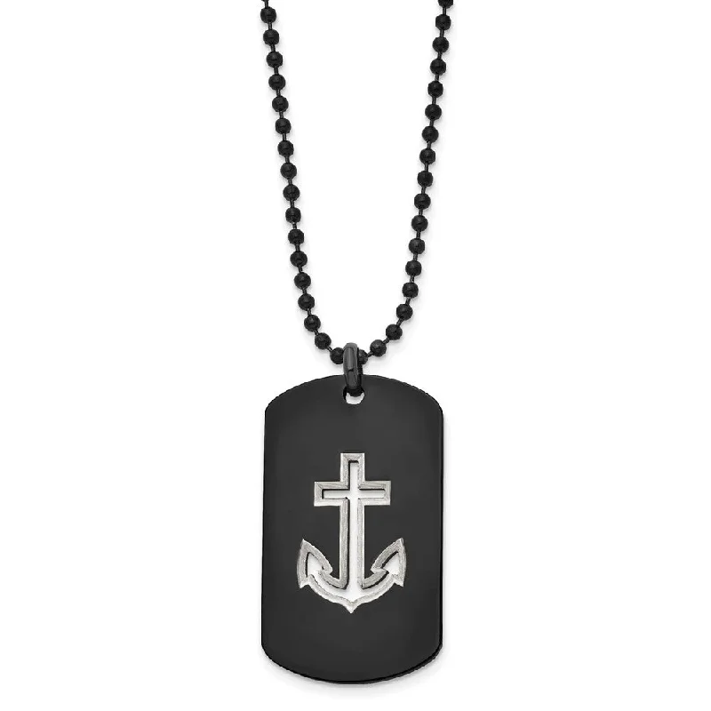 Arced rim necklace-Black Plated Stainless Steel Cutout Anchor Dog Tag Necklace, 22 Inch