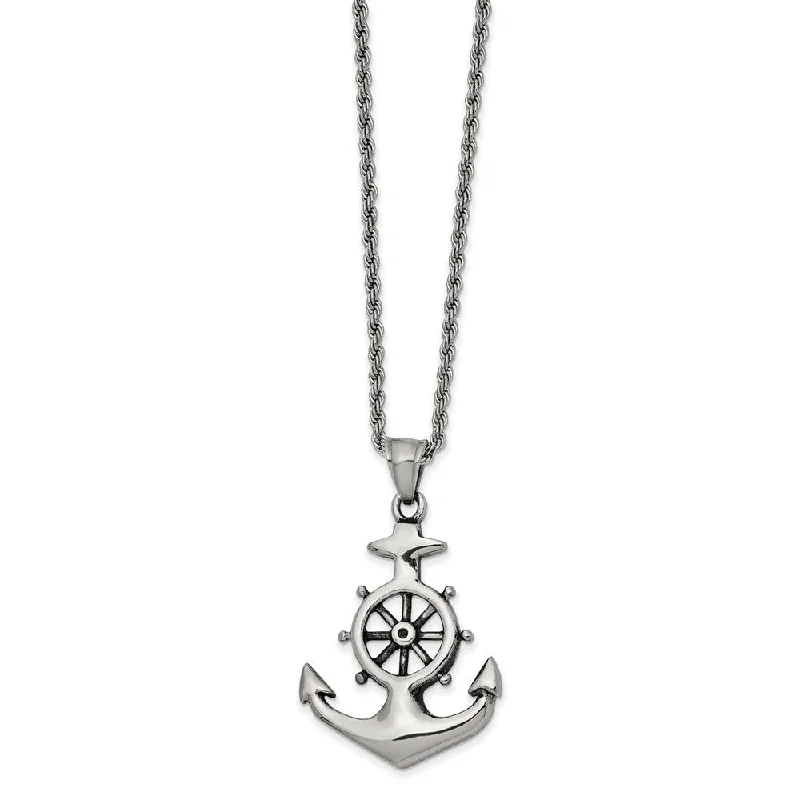 Flint speck necklace-Men's Stainless Steel Antiqued Anchor & Wheel Necklace, 24 Inch