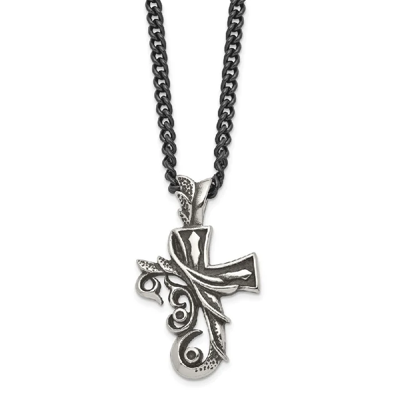 Frilled rim necklace-Men's Stainless Steel Antiqued Fancy Scroll Cross Necklace, 20 Inch