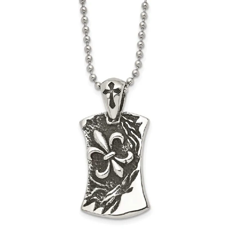 Willow wood necklace-Men's Stainless Steel Antiqued Fleur de lis Dog Tag Necklace, 22 Inch