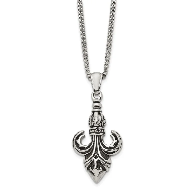 Sealed stone necklace-Men's Stainless Steel Antiqued Fleur de lis Necklace, 22 Inch