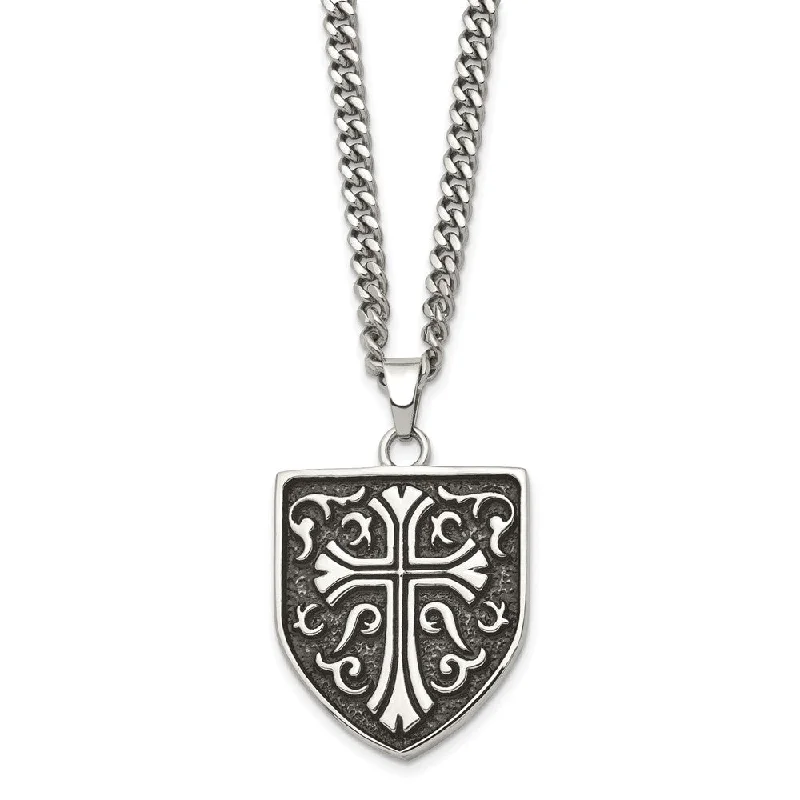 Pine bark necklace-Men's Stainless Steel Antiqued Medieval Cross Shield Necklace, 24 Inch