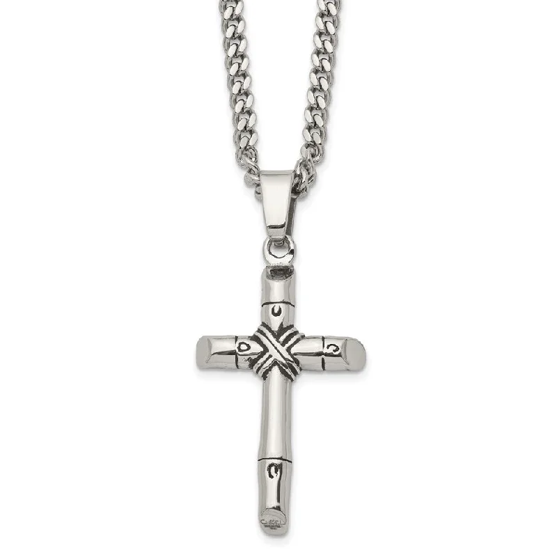 Imperial jasper necklace-Men's Stainless Steel Antiqued Reversible Rope Cross Necklace, 24 In