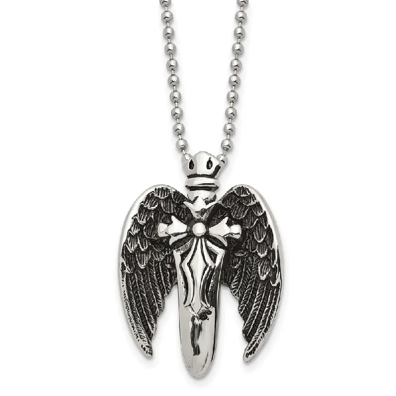 Men's Stainless Steel Antiqued Winged Sword Necklace, 22 Inch