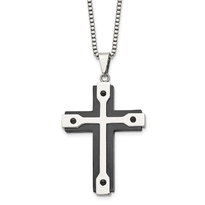 Men's Stainless Steel & Black Plated Large Cross Necklace, 22 Inch