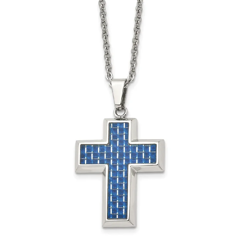 Men's Stainless Steel & Blue Carbon Fiber Inlay Cross Necklace, 22 In