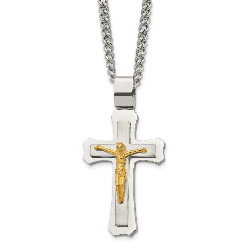 Skewed gem necklace-Men's Stainless Steel & Gold Tone Large Crucifix Necklace, 24 Inch