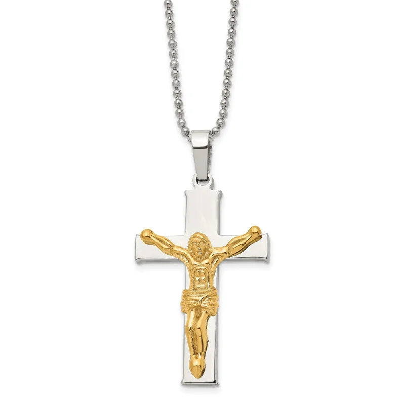 Woven chain necklace-Men's Stainless Steel Gold Tone Plated Crucifix Necklace, 22 Inch