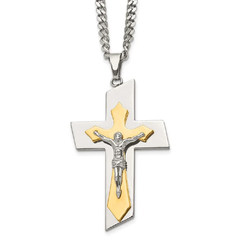 Mosaic stripe necklace-Men's Stainless Steel & Gold Tone Plated XL Crucifix Necklace, 24 Inch