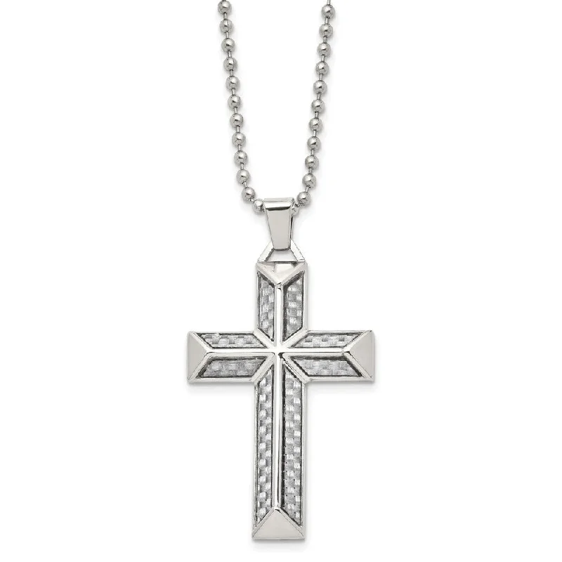 Basil sprig necklace-Mens Stainless Steel Gray Carbon Fiber Pyramid Cross Necklace, 24 Inch