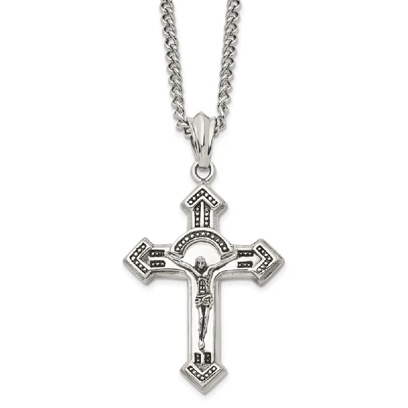 Men's Stainless Steel Large Antiqued Crucifix Cross Necklace, 24 Inch