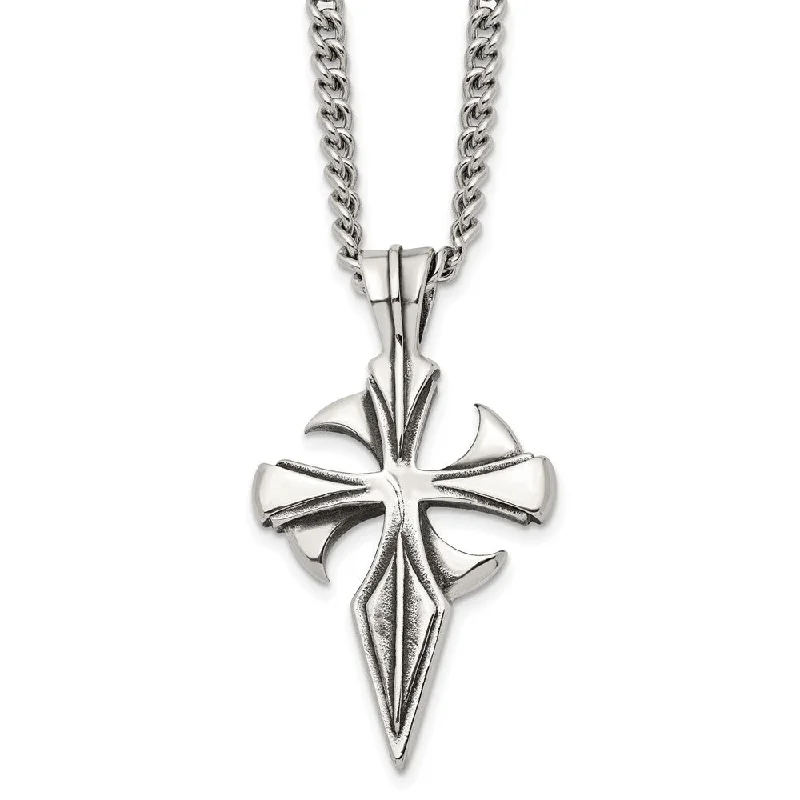 Grooved rim necklace-Men's Stainless Steel Large Antiqued Dagger Cross Necklace, 22 Inch