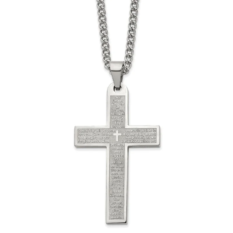 Men's Stainless Steel Large Lord's Prayer Cross Necklace, 24 Inch