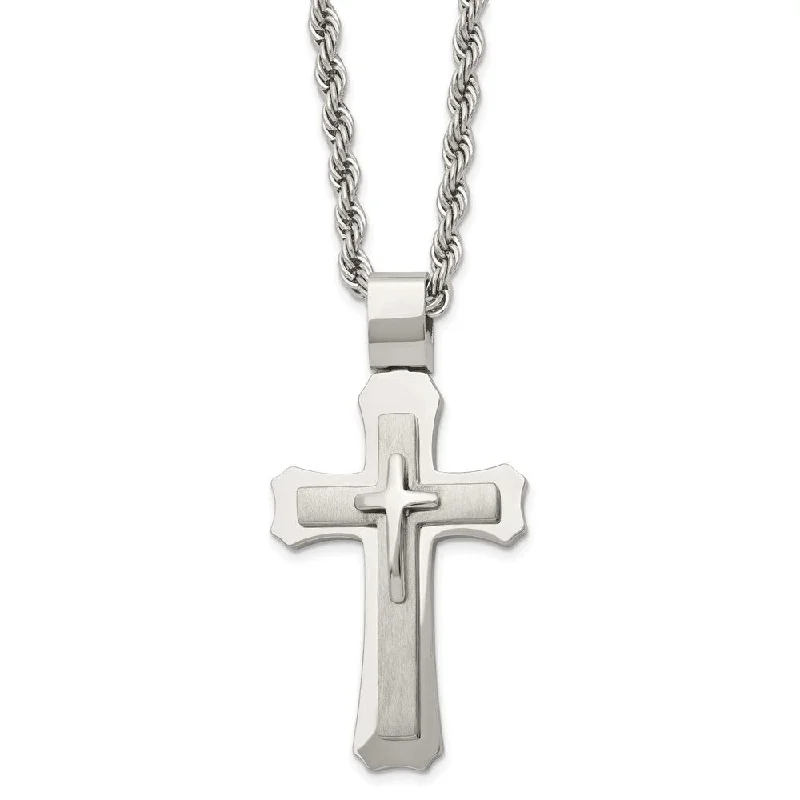 Rain drop necklace-Men's Stainless Steel Large Triple Layer Cross Necklace, 24 Inch