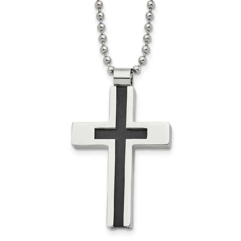 Hammered bar necklace-Men's Stainless Steel Polished & Black Plated Cross Necklace, 22 Inch