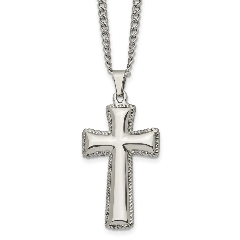 Etched groove necklace-Men's Stainless Steel Polished Pillow Cross Necklace, 24 Inch