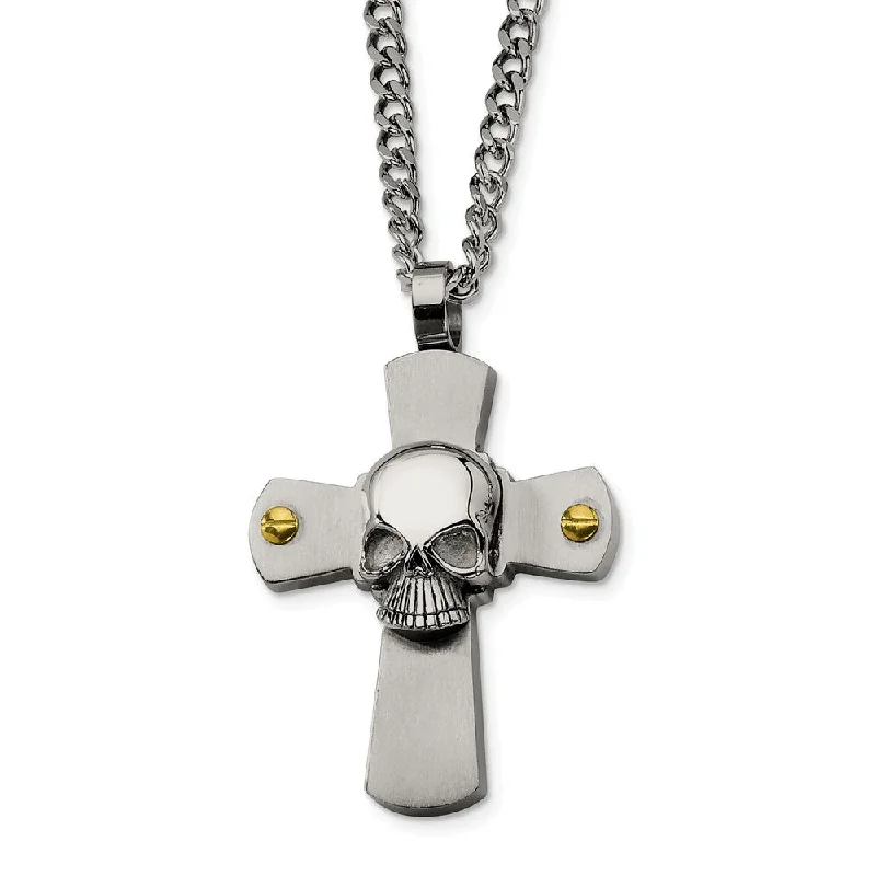 Curled sprig necklace-Men's Stainless Steel Skull on Cross Necklace