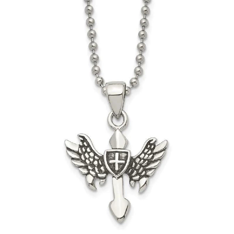 Men's Stainless Steel Small Antiqued Winged Cross Necklace, 20 Inch