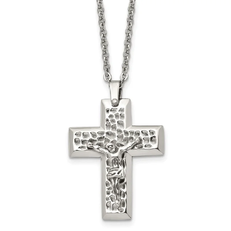 Men's Stainless Steel Textured Crucifix Cross Necklace, 20 Inch