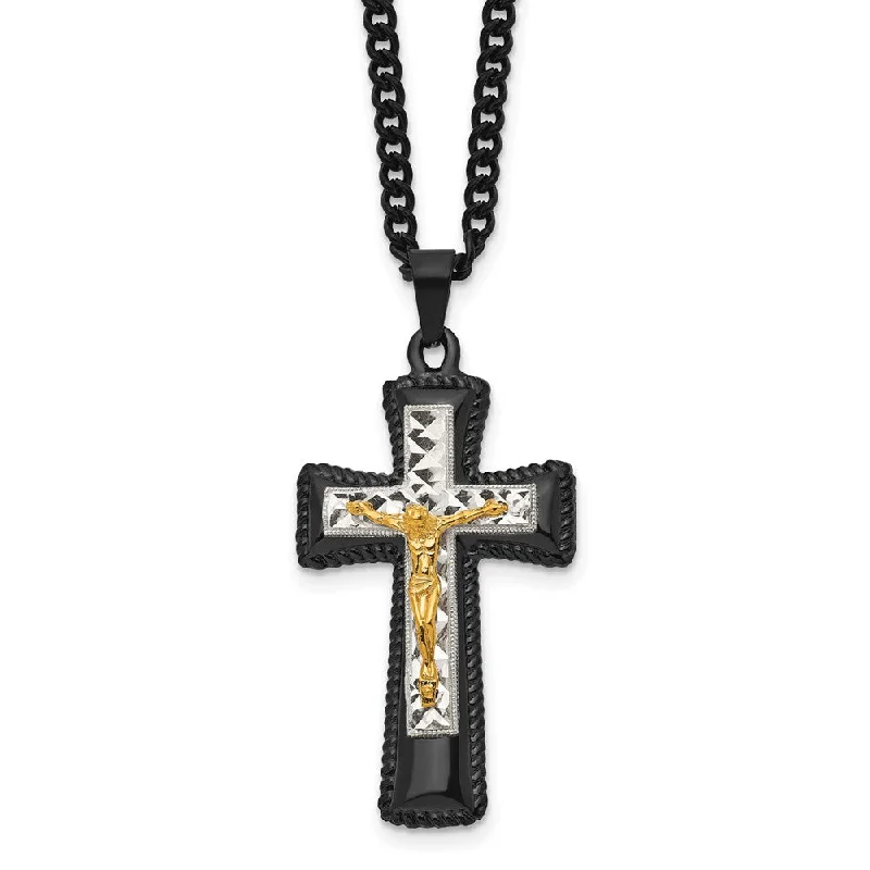 Men's Stainless Steel Tri-Color Crucifix Cross Necklace, 24 Inch