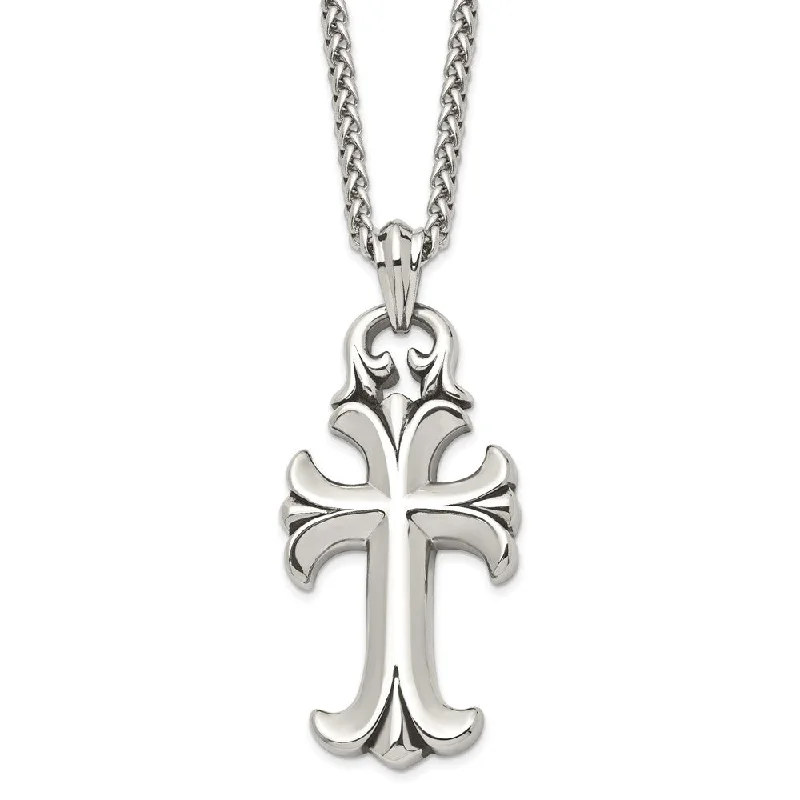 Regency curve necklace-Men's Stainless Steel XXL Antiqued & Polished Cross Necklace, 24 Inch