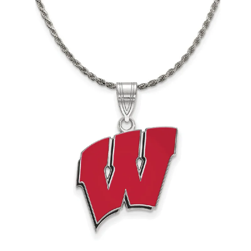 Sterling Silver U. of Wisconsin Large Enamel 'W' Necklace