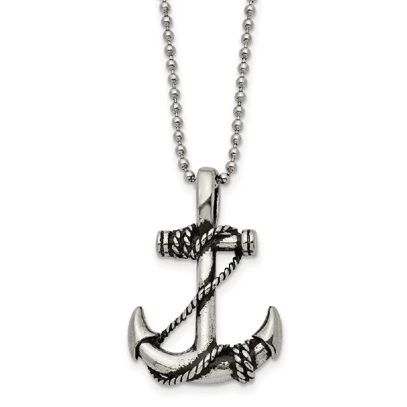 Hooked clasp necklace-Stainless Steel Antiqued 3D Anchor Necklace, 22 Inch