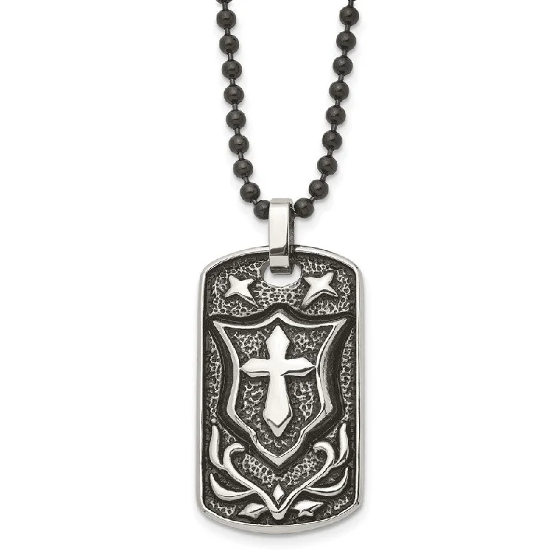 Polished gem necklace-Stainless Steel Antiqued Embossed Cross Shield Dog Tag Necklace, 24 In