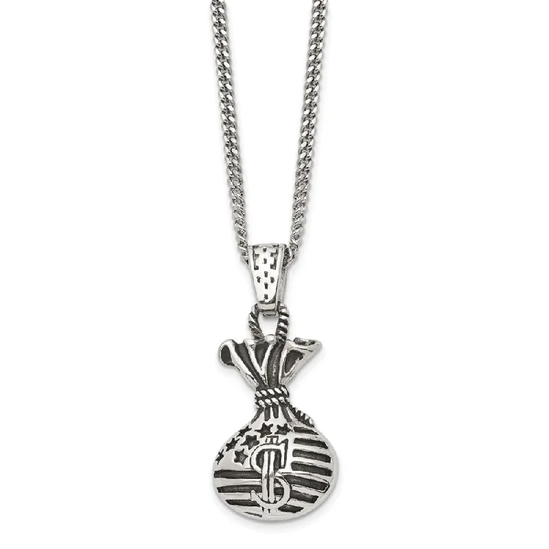 Stainless Steel Antiqued Money Bag Necklace, 22 Inch