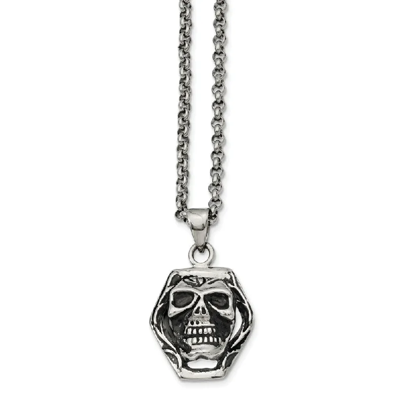 Imperial jasper necklace-Stainless Steel Antiqued Skull Necklace 24 Inch