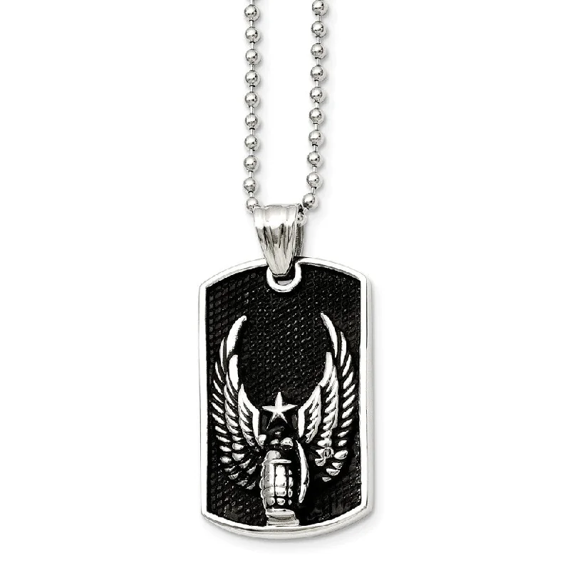 Ragged rim necklace-Stainless Steel Antiqued Wings Dog Tag Necklace 22 Inch