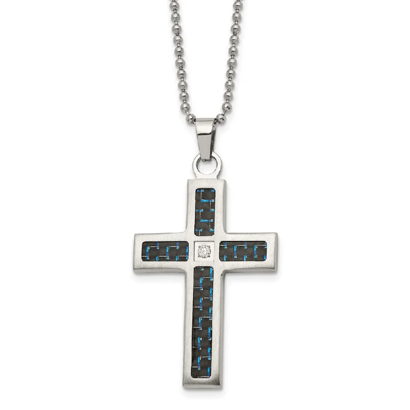 Twisting vine necklace-Stainless Steel, Black/Blue Carbon Fiber & CZ Cross Necklace, 22 Inch