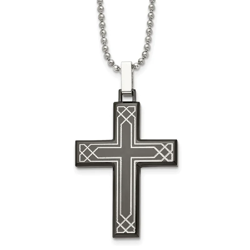 Pearl seed necklace-Stainless Steel, Black Plated & Laser Etched Cross Necklace, 24 Inch