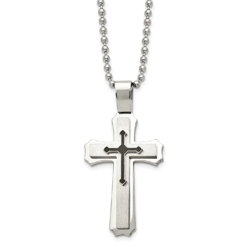 Stainless Steel & Black Rubber Triple Cross Necklace, 24 Inch