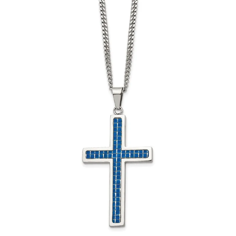 Cloudy quartz necklace-Stainless Steel & Blue Carbon Fiber Large Cross Necklace, 22 Inch