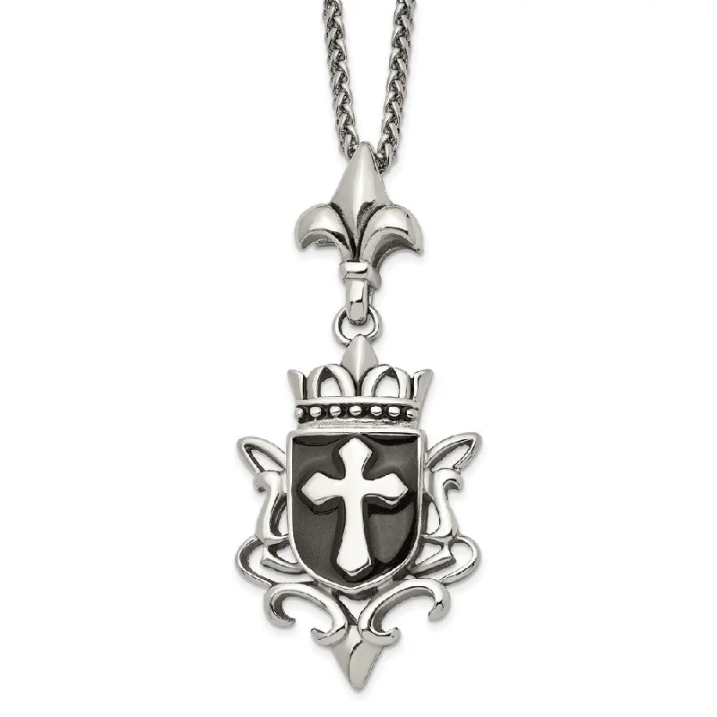 Lunar pendant necklace-Stainless Steel, Enamel & Antiqued XL Shield Cross Necklace, 22 Inch