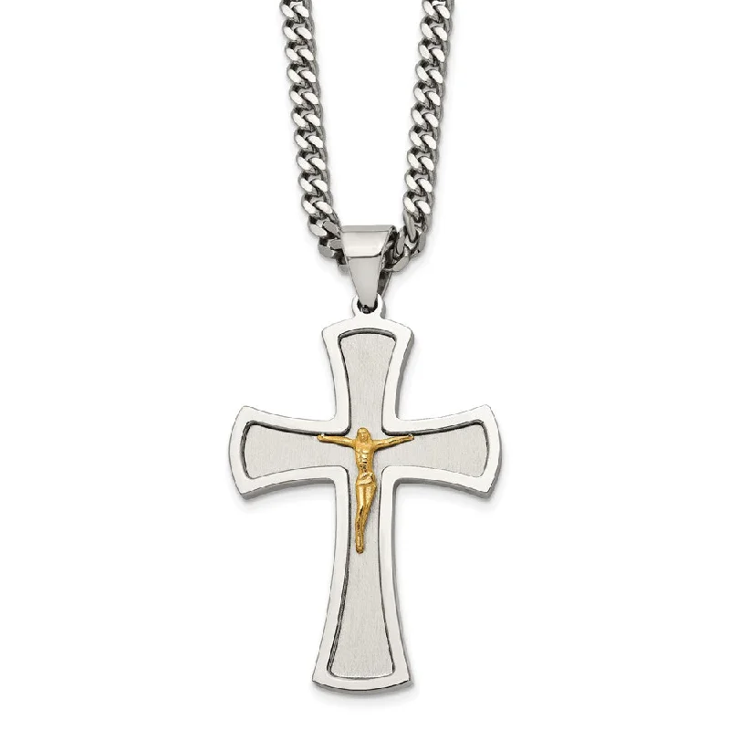 Fossil relic necklace-Stainless Steel & Gold Tone XL Crucifix Maltese Cross Necklace, 24 In