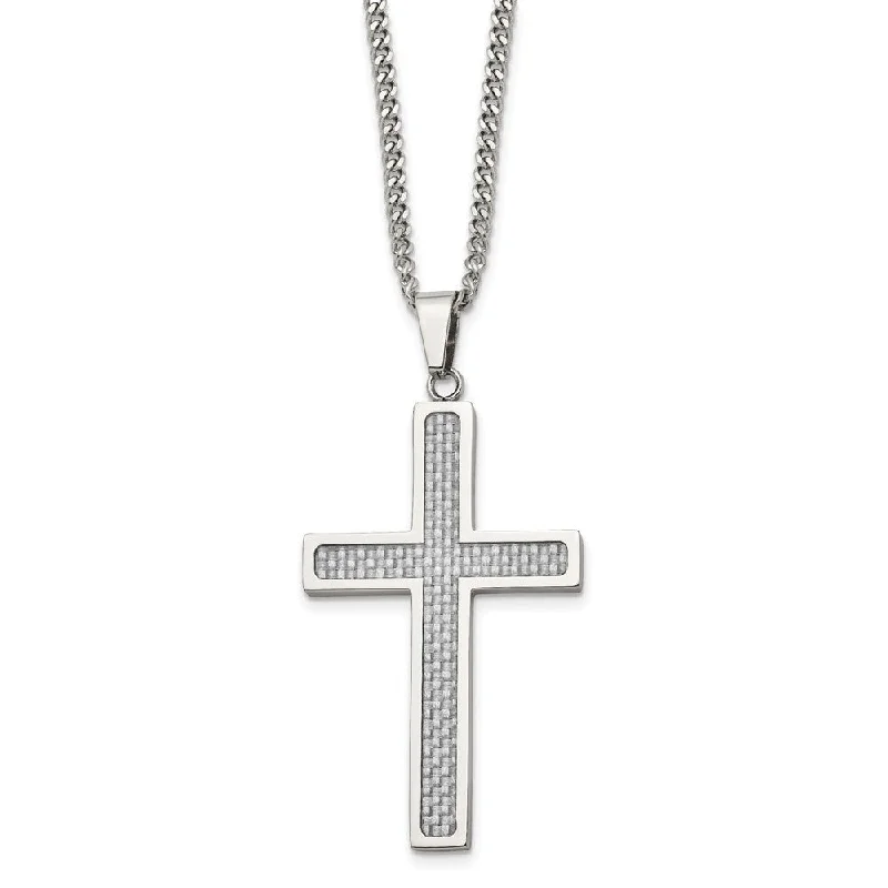 Glow druzy necklace-Stainless Steel & Gray Carbon Fiber Large Cross Necklace, 20 Inch