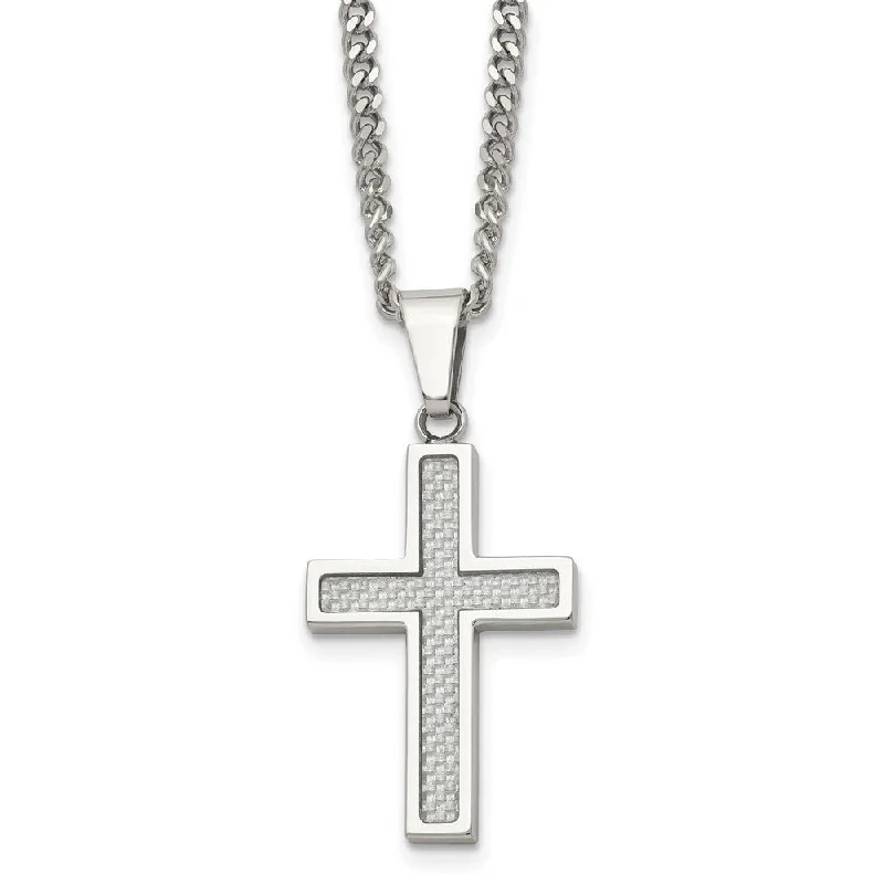 Shining spark necklace-Stainless Steel & Gray Carbon Fiber Small Cross Necklace, 20 Inch